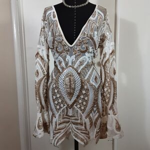 Banjul White and Gold Patterned Long Sleeve Sequin Dress